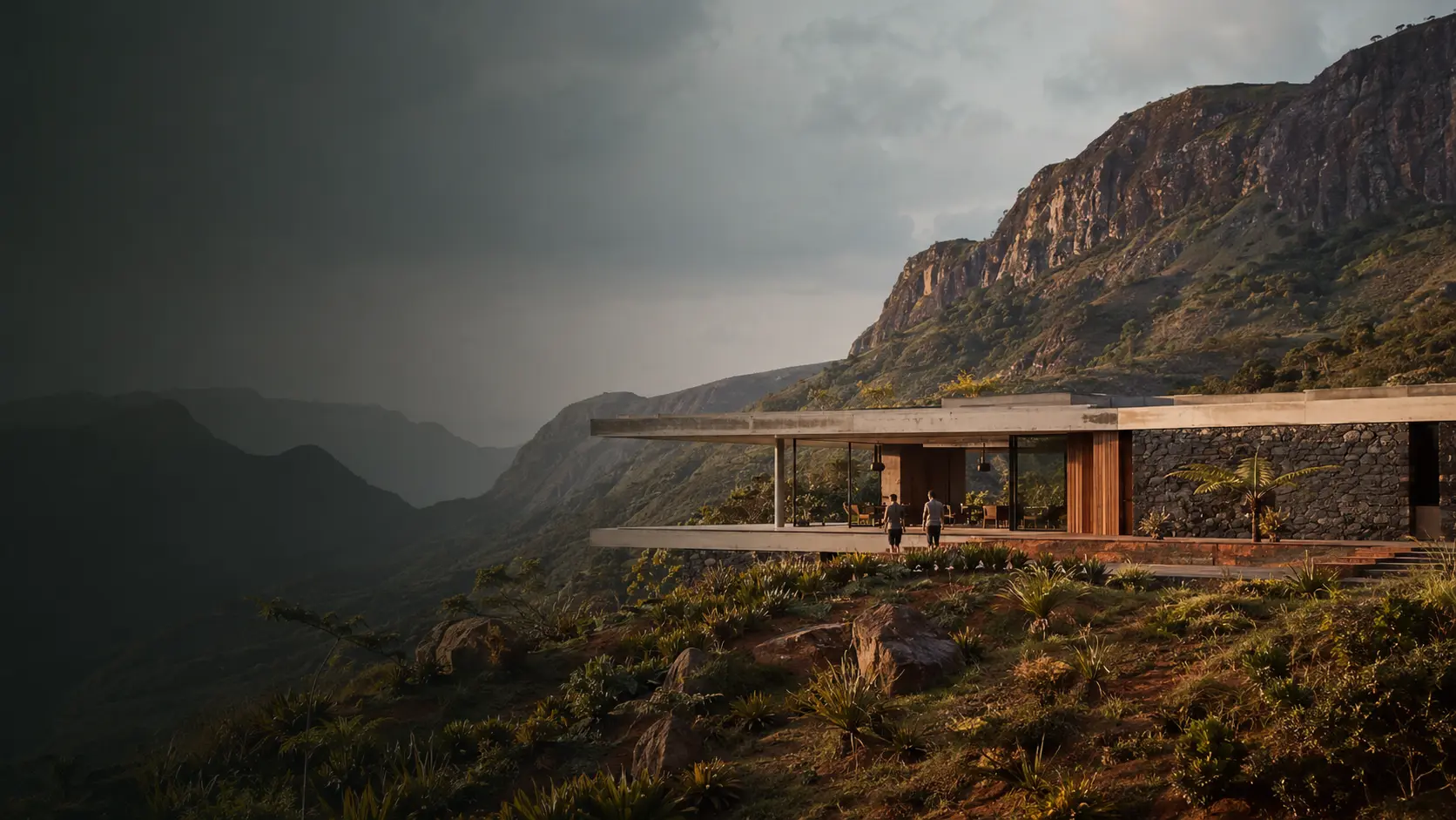 Estudo visual conceitual de uma casa contemporânea integrada à serra