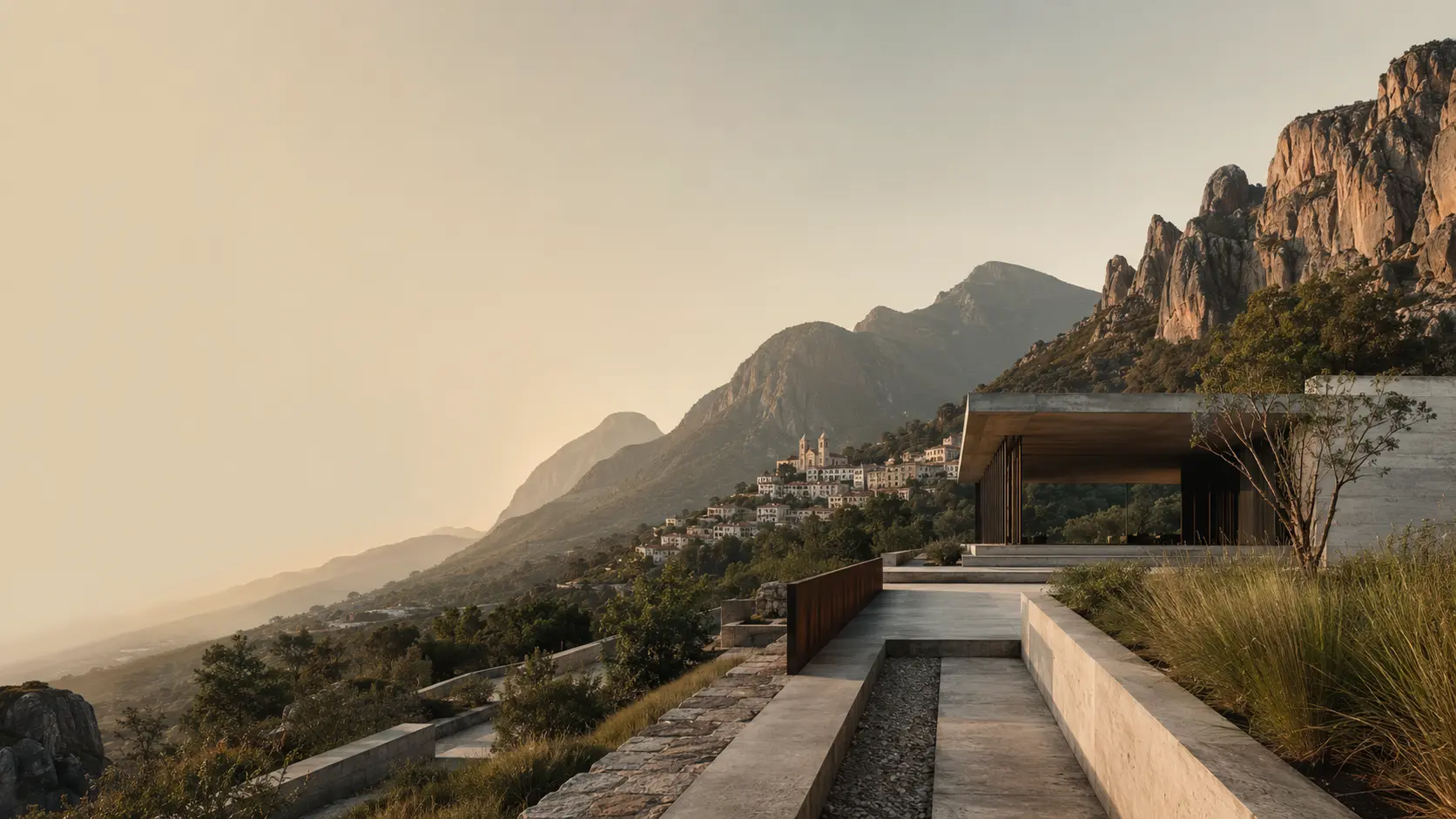 Estudo visual conceitual de uma arquitetura contemporânea integrada à paisagem montanhosa