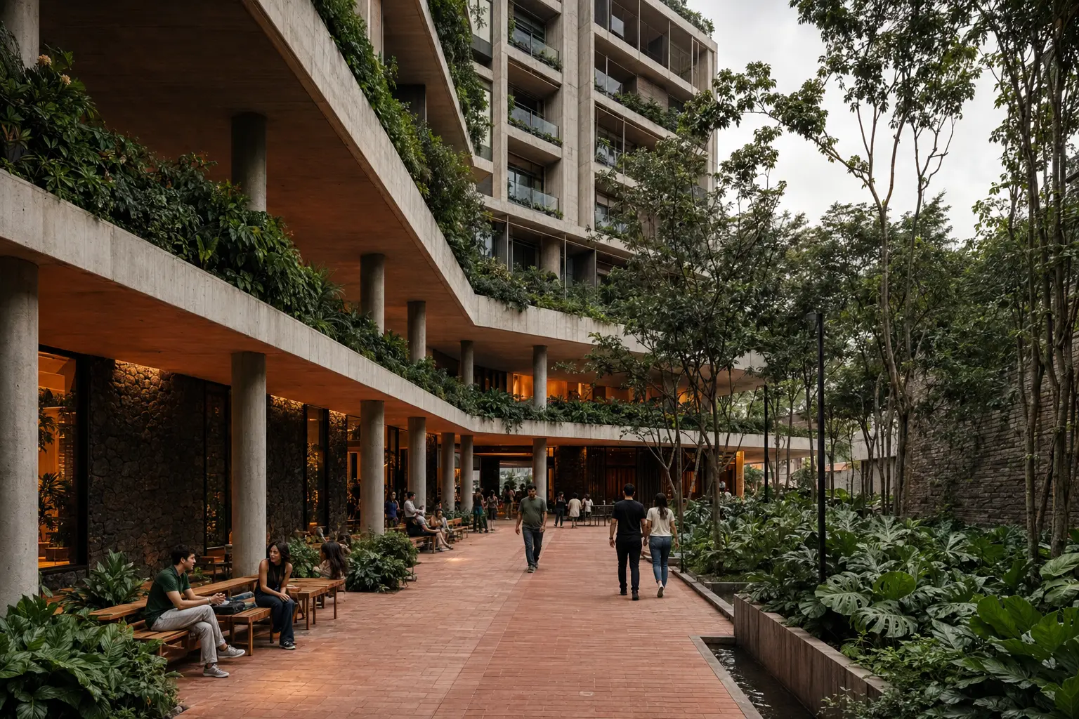 Estudo visual conceitual de um edifício aberto para um percurso urbano ajardinado