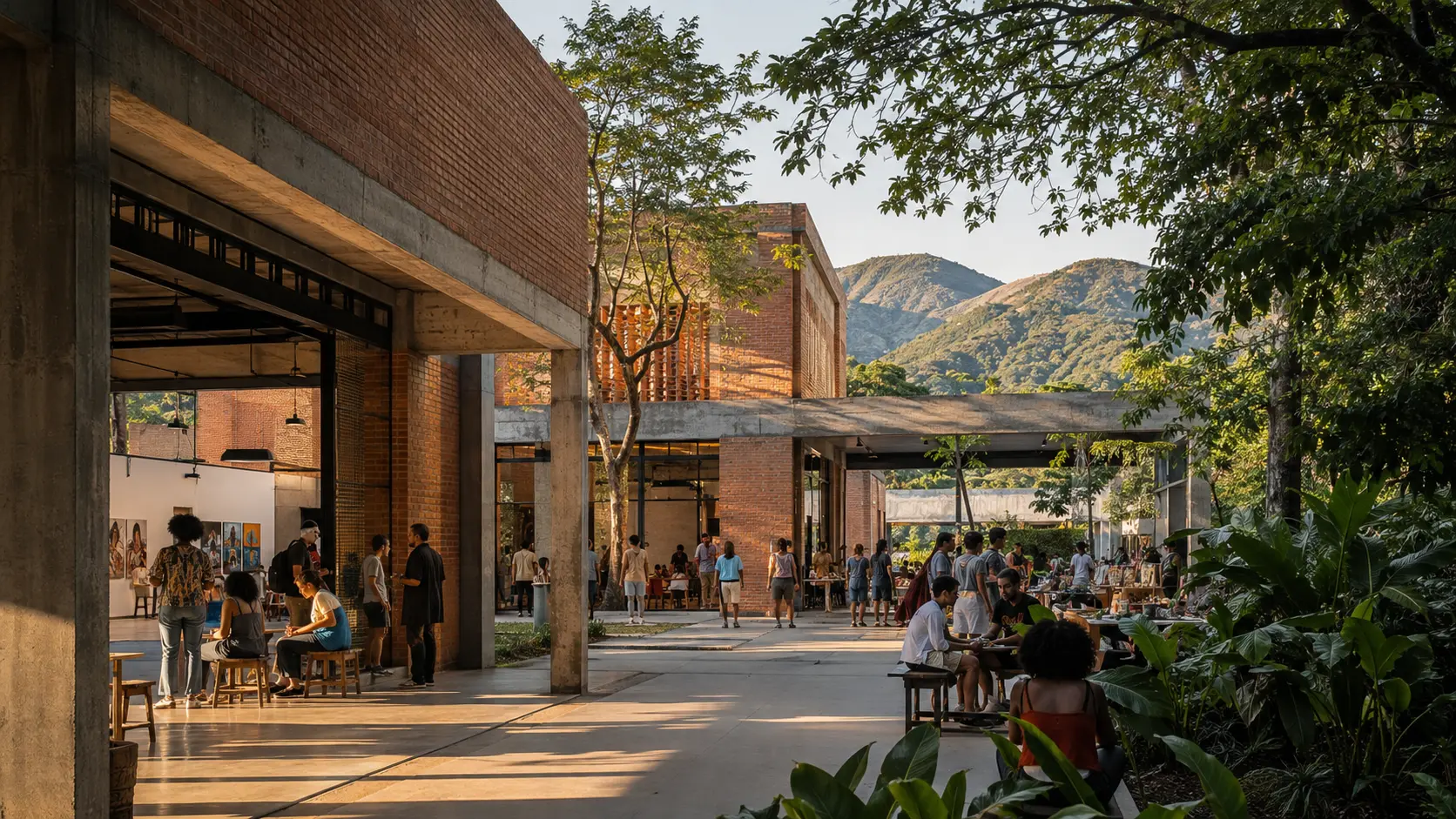 Estudo visual conceitual de um espaço urbano cultural, aberto e vivo
