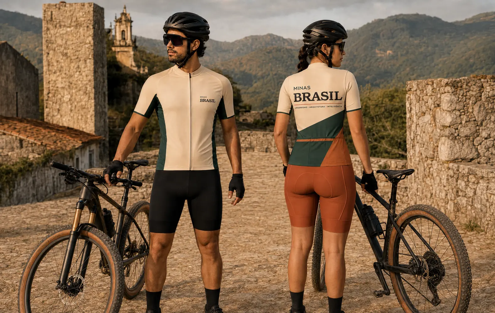 Ciclistas com uniformes conceituais da Minas Brasil em uma paisagem histórica mineira